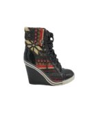 Botine dama 36, imitatie de piele, material textil, negru multicolor
